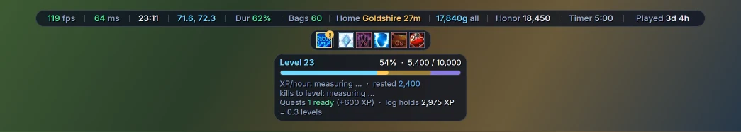 The info bar with fps, latency, clock, coordinates, durability, bags, hearthstone home, gold, honor points, a timer and time played, a row of buffs with a reminder, and the leveling tracker with its XP bar
