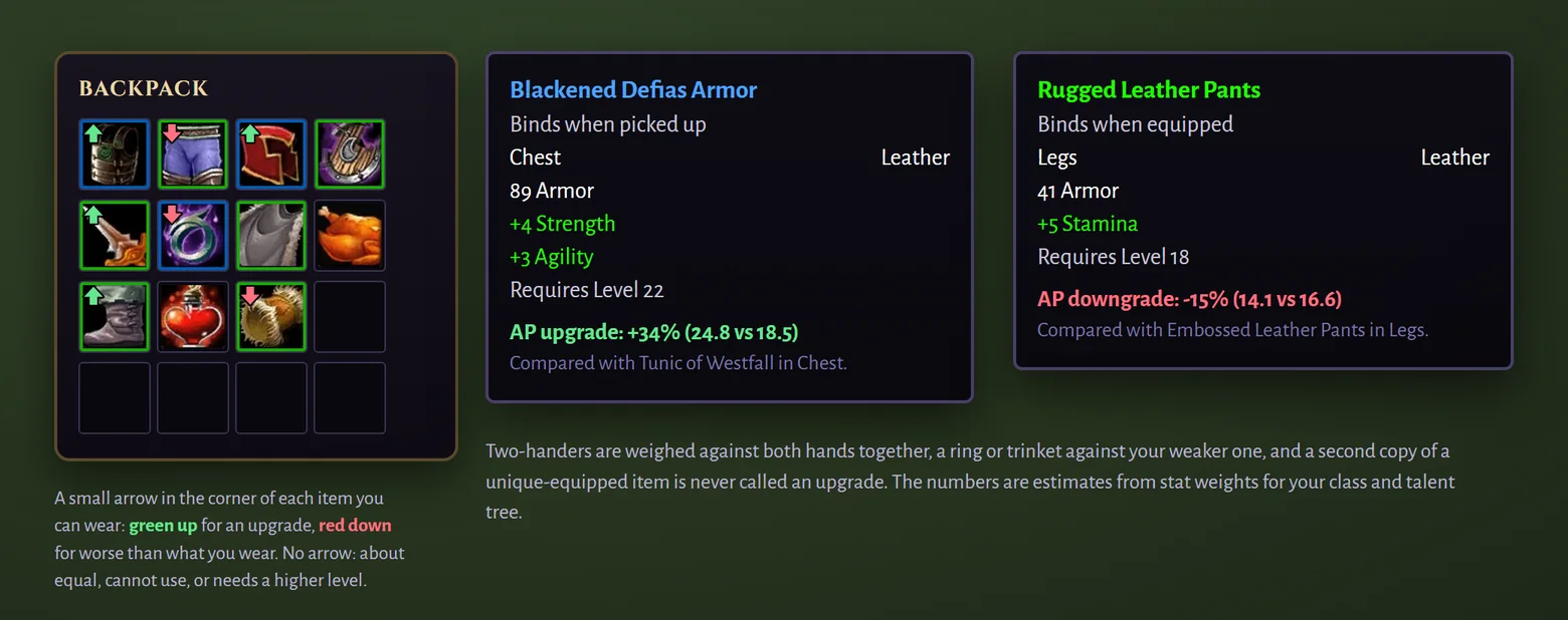 Items in a backpack with a small green arrow on upgrades and a red arrow on downgrades, next to two item tooltips: AP upgrade +34 percent and AP downgrade -15 percent, each with the item it was compared with