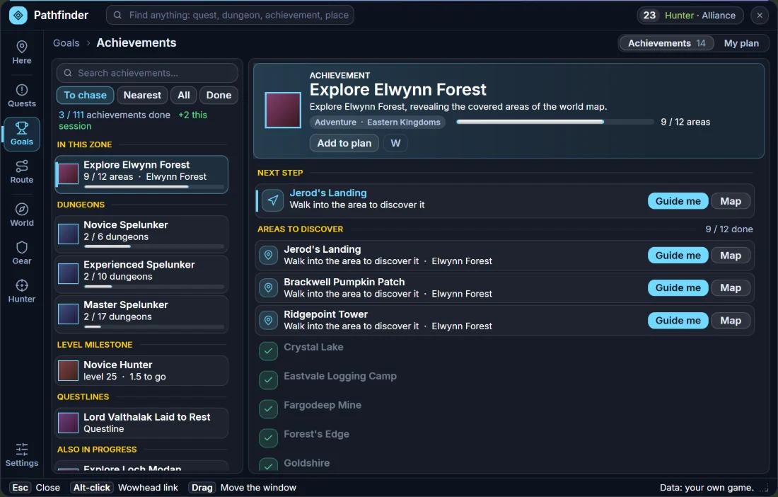 Plan window, Achievements: the To chase view with the zone you are in, the dungeons, your level milestone and the page of Explore Elwynn Forest with its next step and the areas to discover