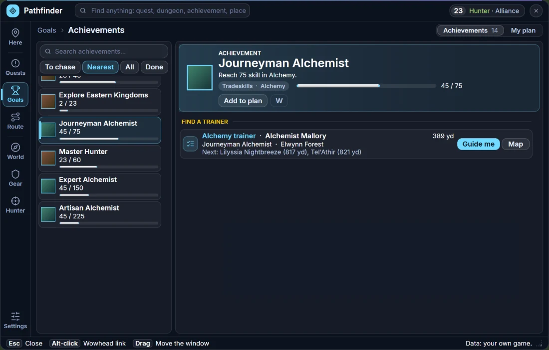 Plan window, Achievements, the Nearest view: everything started with the fewest steps left first, and the page of Journeyman Alchemist with a bar at 45 of 75 and the nearest Alchemy trainer with Guide me and Map
