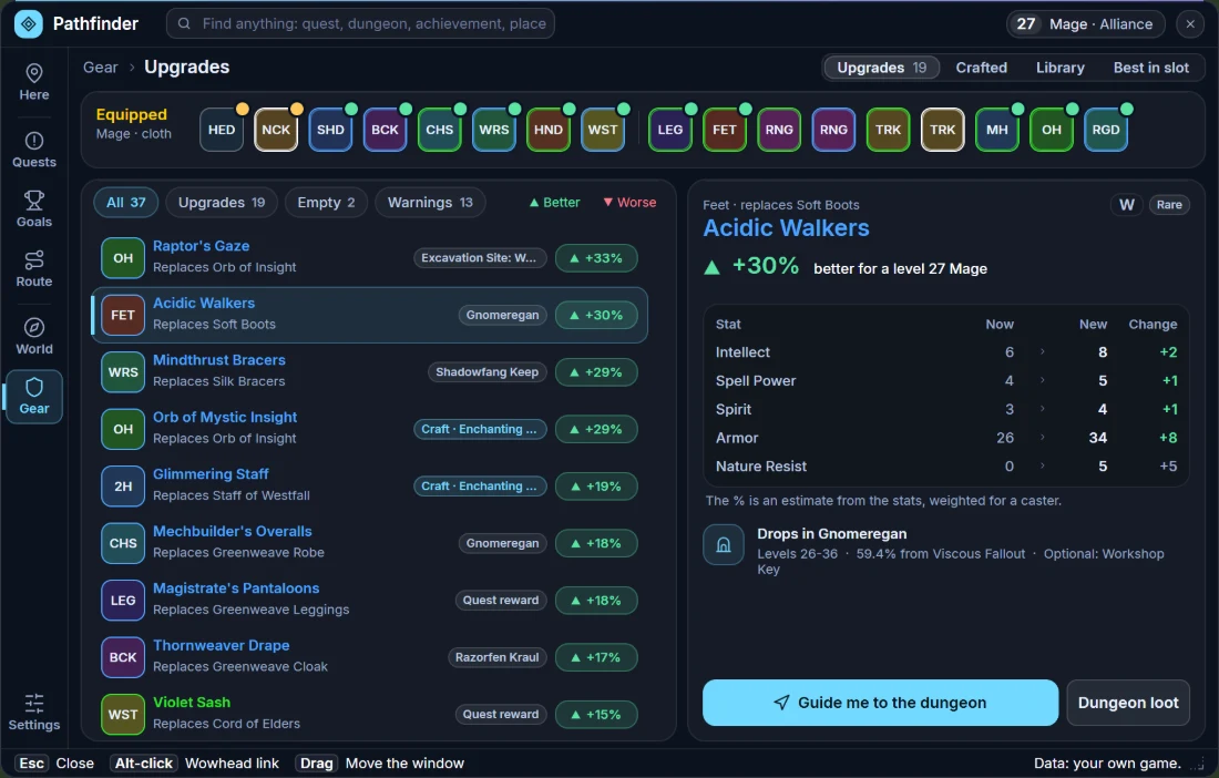 Plan window, Gear page: a row of tiles showing what a level 27 Mage wears, a list of upgrades with their percentages, and the comparison of Acidic Walkers with the stats now and new and a button that guides you to the dungeon
