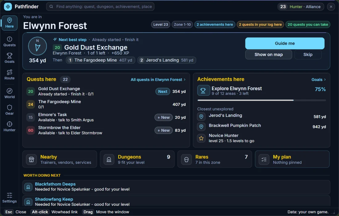 Plan window, Here: Elwynn Forest with a Next best step card (a compass, the distance and Guide me), the quests here, the achievements here and shortcut tiles for Nearby, Dungeons, Rares and My plan