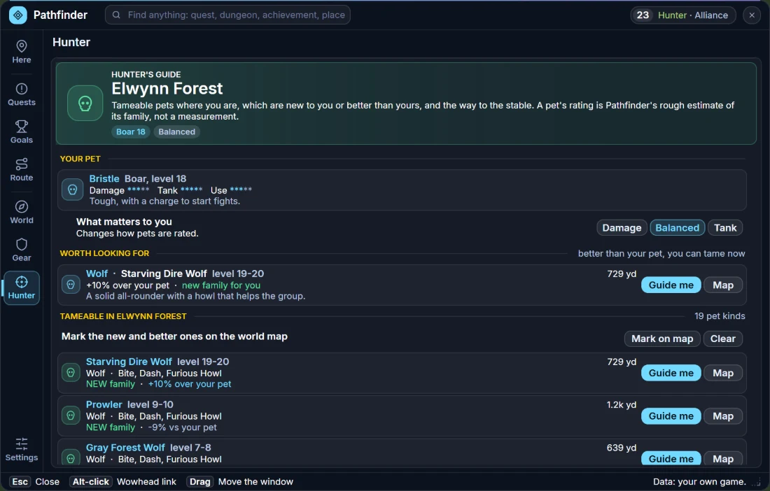 Plan window, Hunter's guide: your pet, a pet worth looking for and the tameable beasts of Elwynn Forest tagged as new family or better than your pet