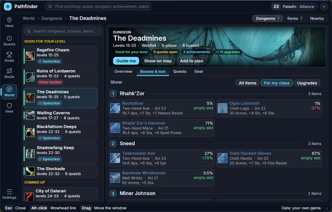 Plan window, Bosses and loot tab: the bosses of The Deadmines with every drop, its drop chance and the upgrade compared with equipped gear