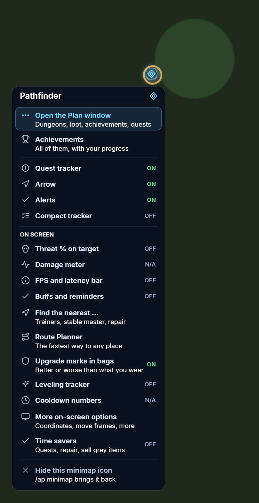The minimap icon's right-click menu: open the Plan window, the achievements, toggles for the quest tracker, arrow, alerts and compact tracker, and the on-screen extras with Find the nearest, Route Planner and upgrade marks
