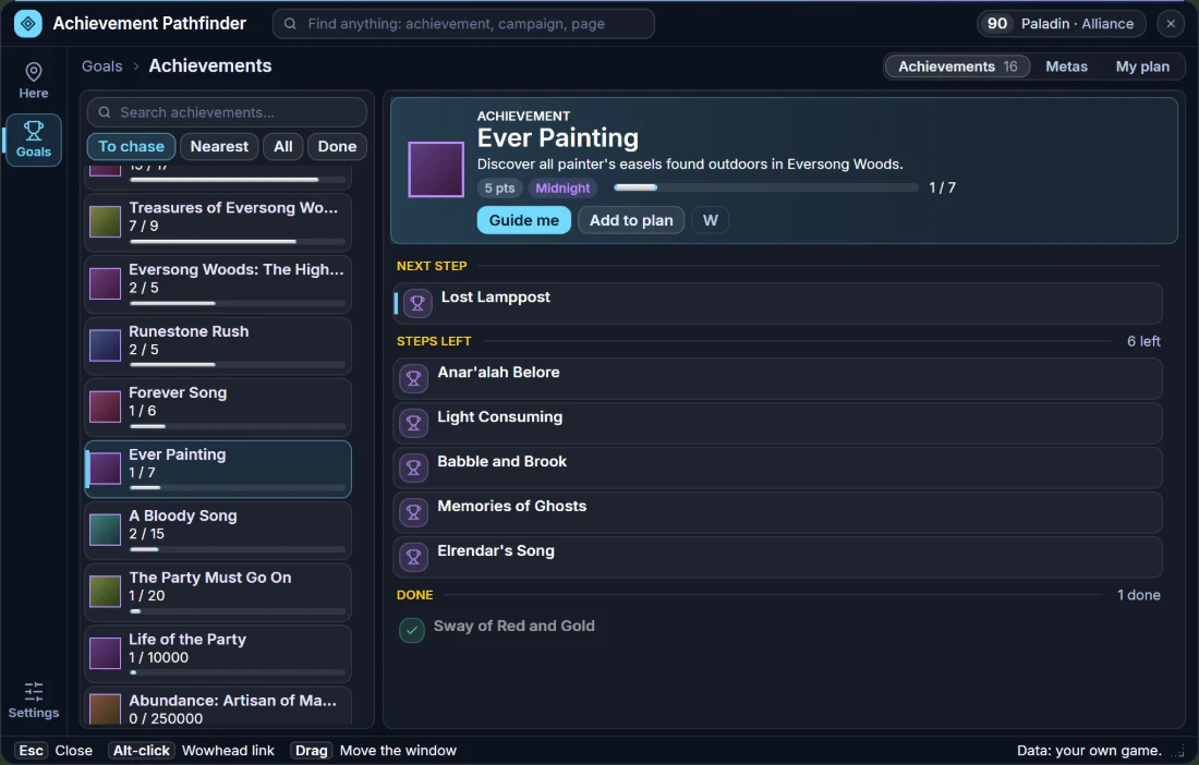 Achievement Pathfinder for Retail, Goals, Achievements: the To chase list on the left and Ever Painting on the right with its progress, Guide me, Add to plan and the steps left one by one