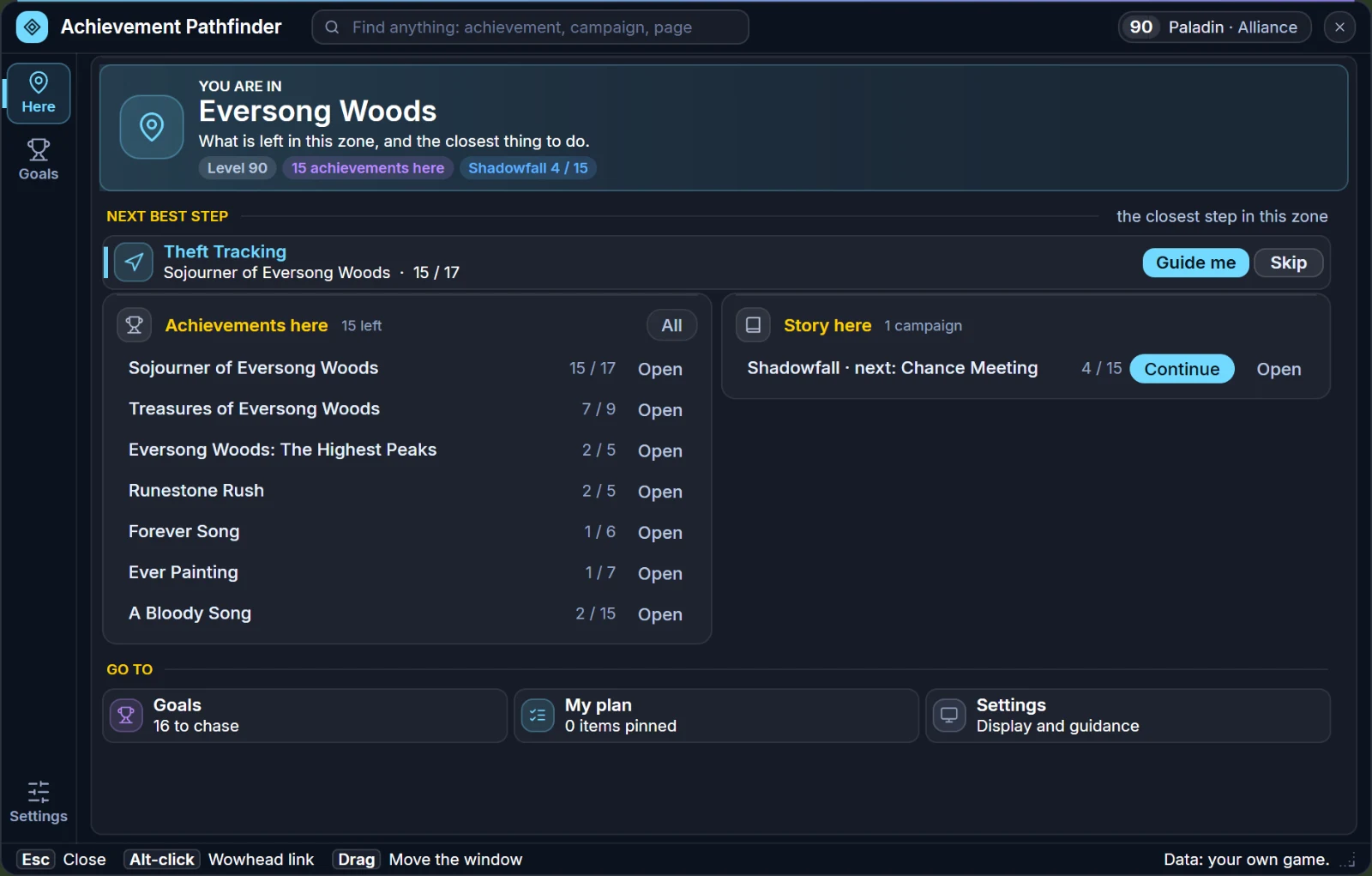 Achievement Pathfinder for Retail, Here: Eversong Woods with a Next best step card (Theft Tracking, with Guide me and Skip), the achievements here, the Shadowfall campaign with Continue and shortcut tiles for Goals, My plan and Settings
