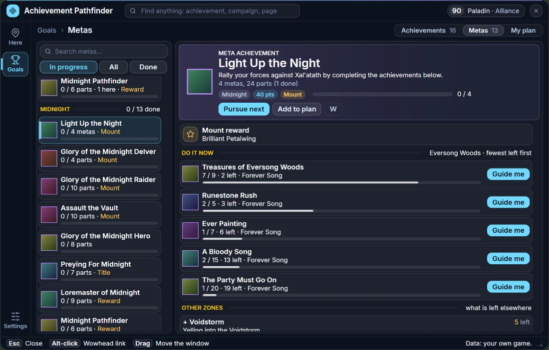 Achievement Pathfinder for Retail, Goals, Metas: the meta achievement Light Up the Night with its mount reward, Do it now with the parts you can do in Eversong Woods and the parts in other zones