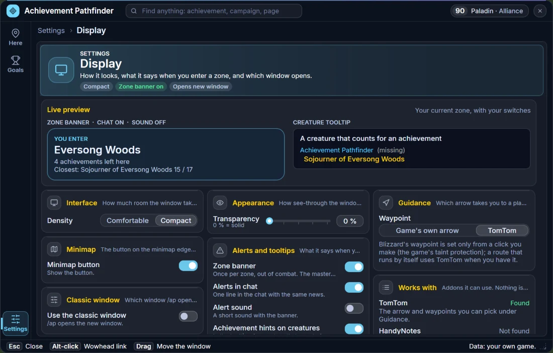 Achievement Pathfinder for Retail, Settings, Display: a live preview of the zone banner and the creature tooltip, and cards for interface density, transparency, which arrow to use, the minimap button, alerts and tooltips and the classic window