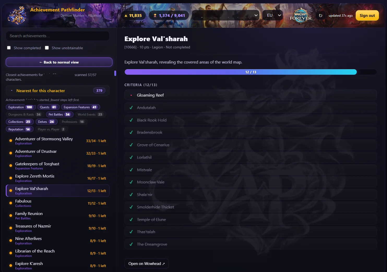 Achievement Pathfinder web app: nearest-completion view with Explore Val'sharah criteria and progress